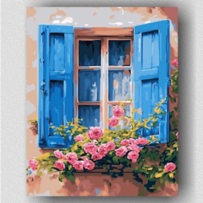 Blue shutters pink flowers 02