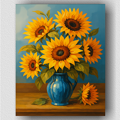 A cluster of sunflowers and vases