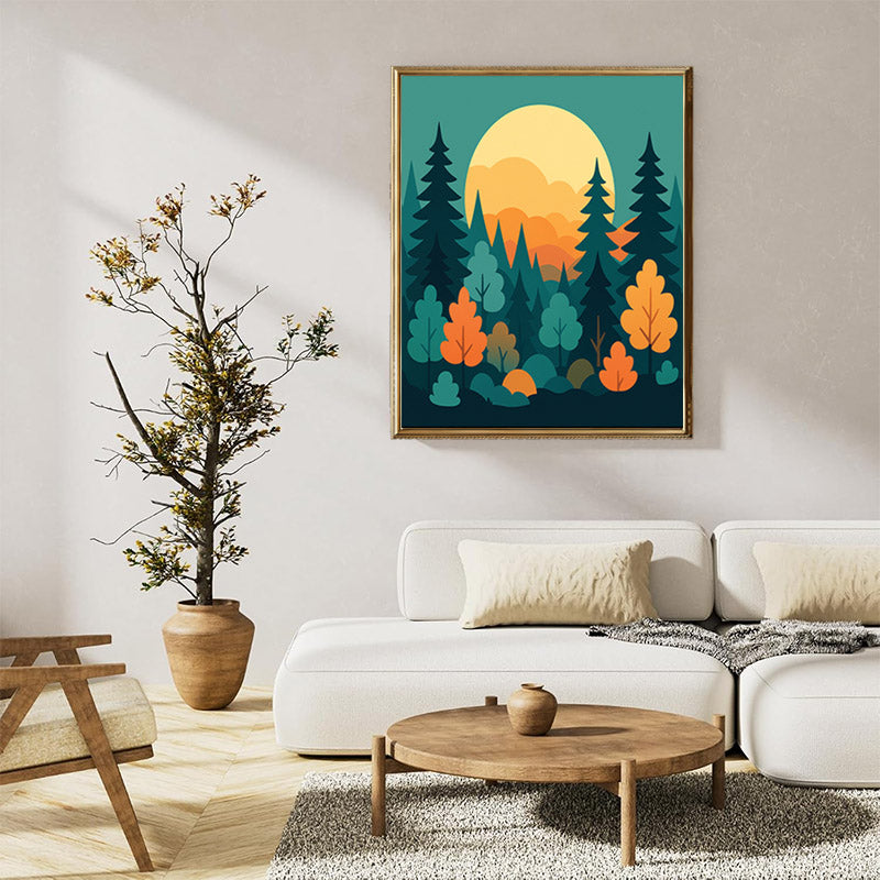 Minimalist forest landscape with sunset
