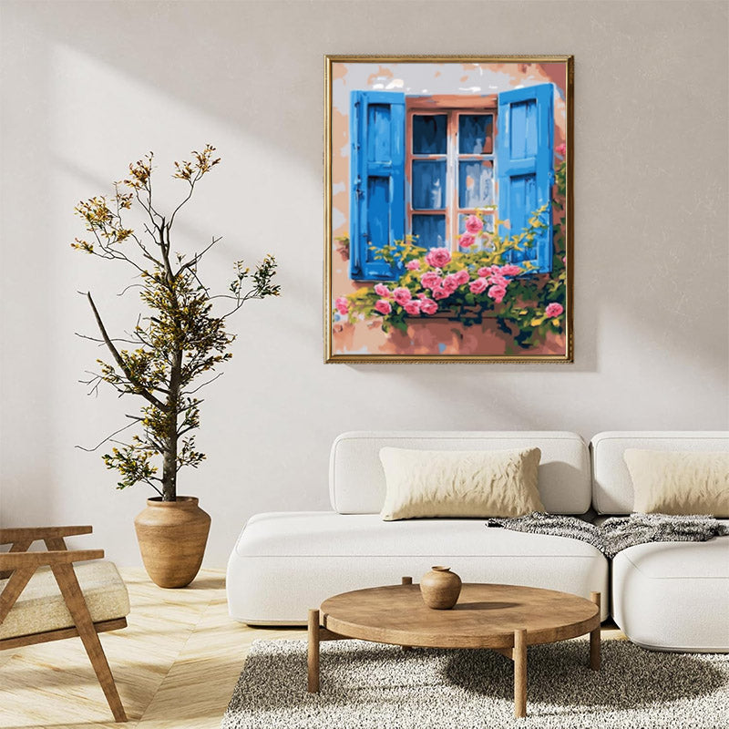 Blue shutters pink flowers 02