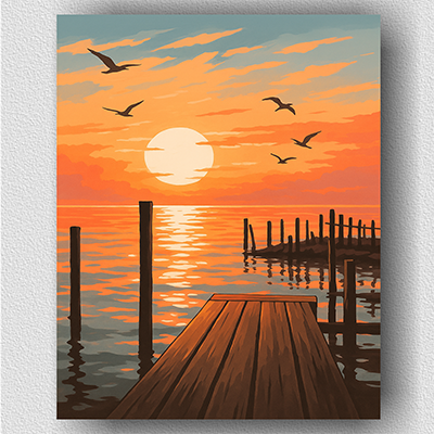 A tranquil sunset scene depicts a wooden doc