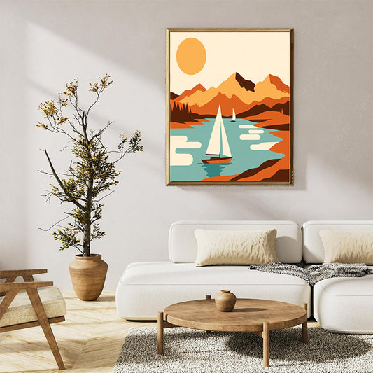 Minimalist landscape painting with sailboats