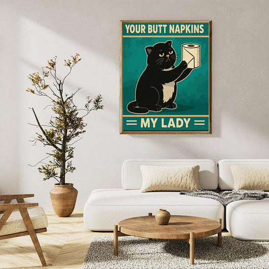 black cat humorously presenting toilet