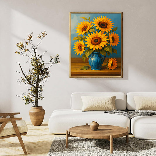 A cluster of sunflowers and vases