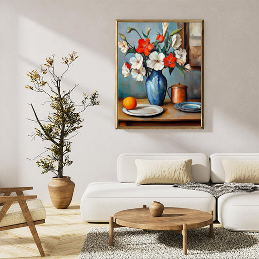 vase with red and white flowers