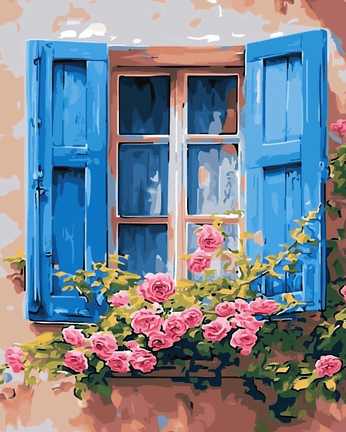 Blue shutters pink flowers 02