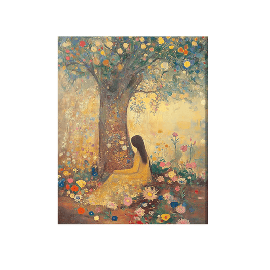 Ancient tree surrounded by flowers
