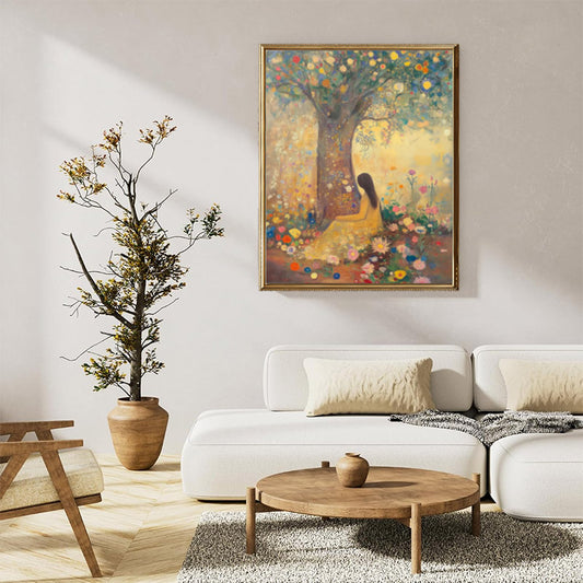 Ancient tree surrounded by flowers