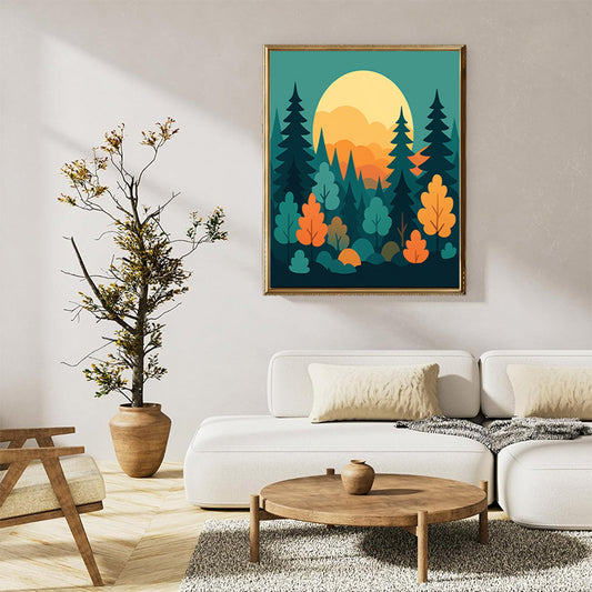 Minimalist forest landscape with sunset
