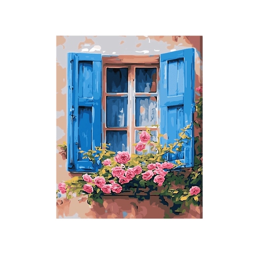 Blue shutters pink flowers 02