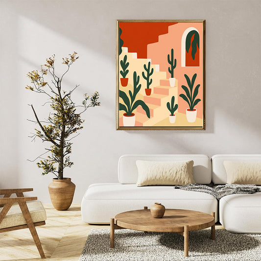 Potted plants on pastel stairs