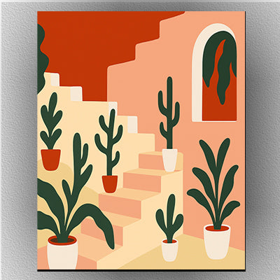 Potted plants on pastel stairs