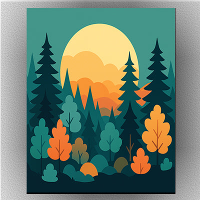 Minimalist forest landscape with sunset