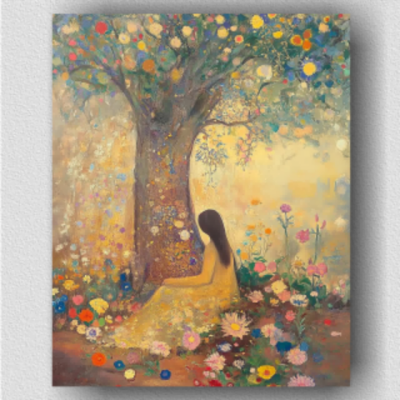 Ancient tree surrounded by flowers