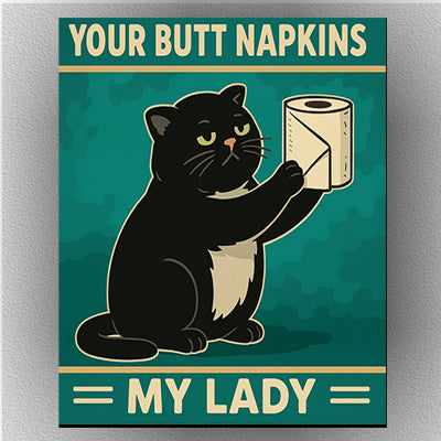 black cat humorously presenting toilet