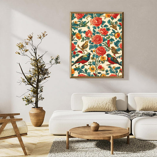 Vibrant roses and birds