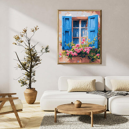 Blue shutters pink flowers 02