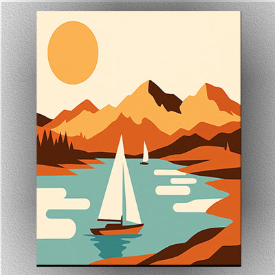 Minimalist landscape painting with sailboats